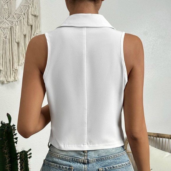 White Preppy Womens Lapel Collar Button Front Waistcoat - Picture 2 of 5